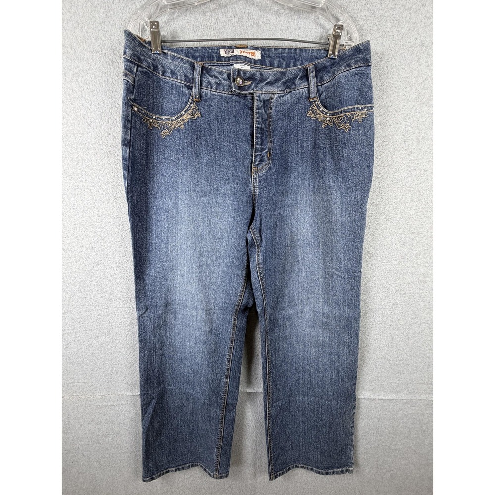 Faded Glory Jeans Womens 16W Blue Straight Crop Stretch Embroidered Pockets